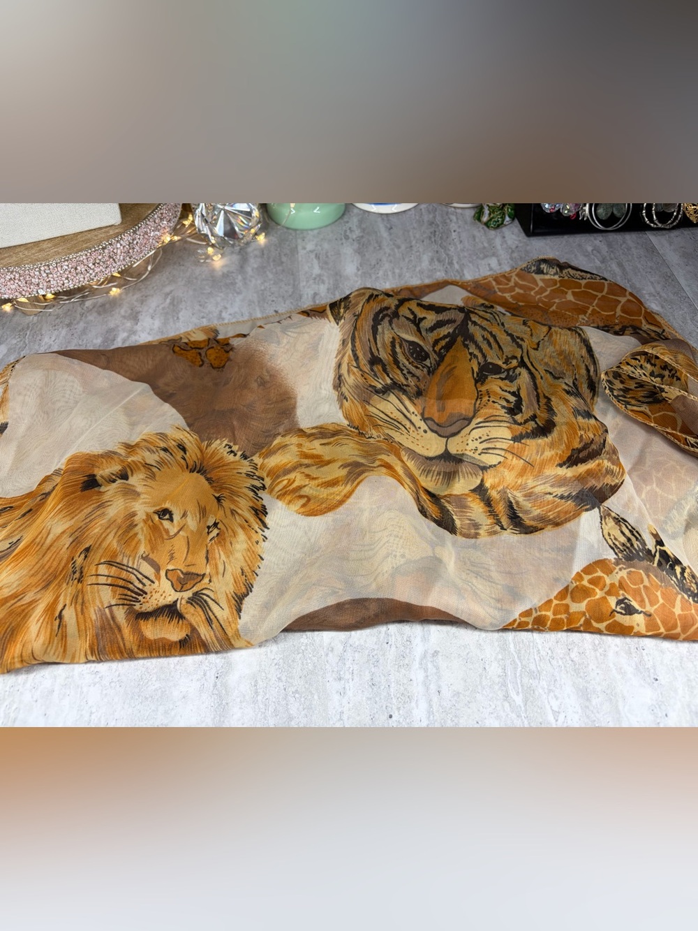 Vintage Animal Scarf Korea Tiger Lion Leopard Cheetah Giraffe Print Sheer Design